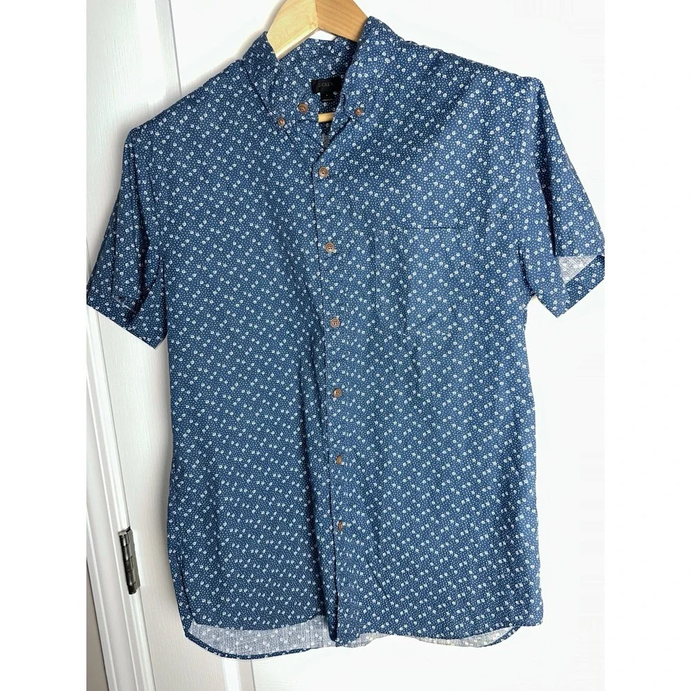 J. Crew Short Sleeve Button Down Shirt Mens Size‎ L Large Blue Geometric Print